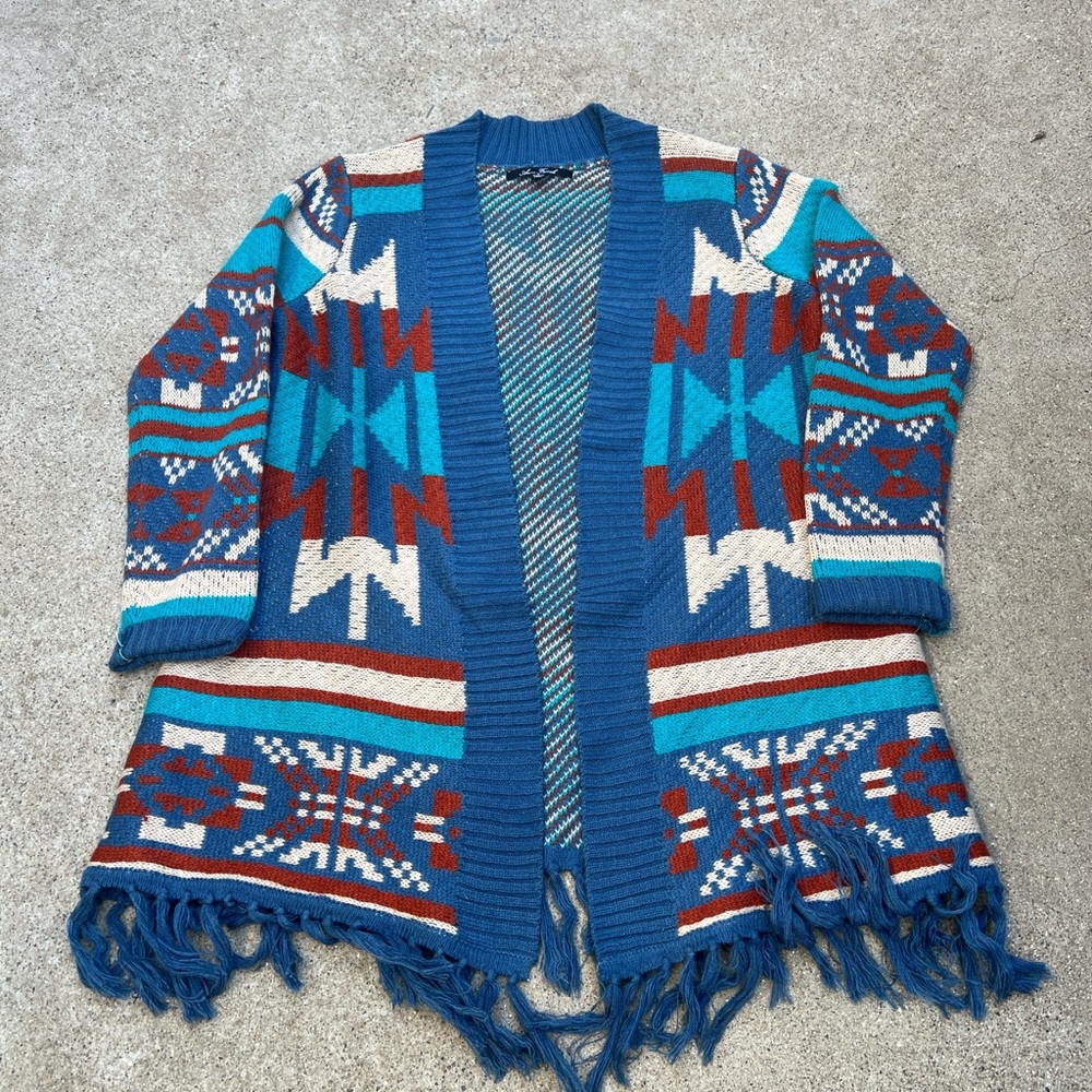 Red and Blue Southwestern Cardigan with Fringe